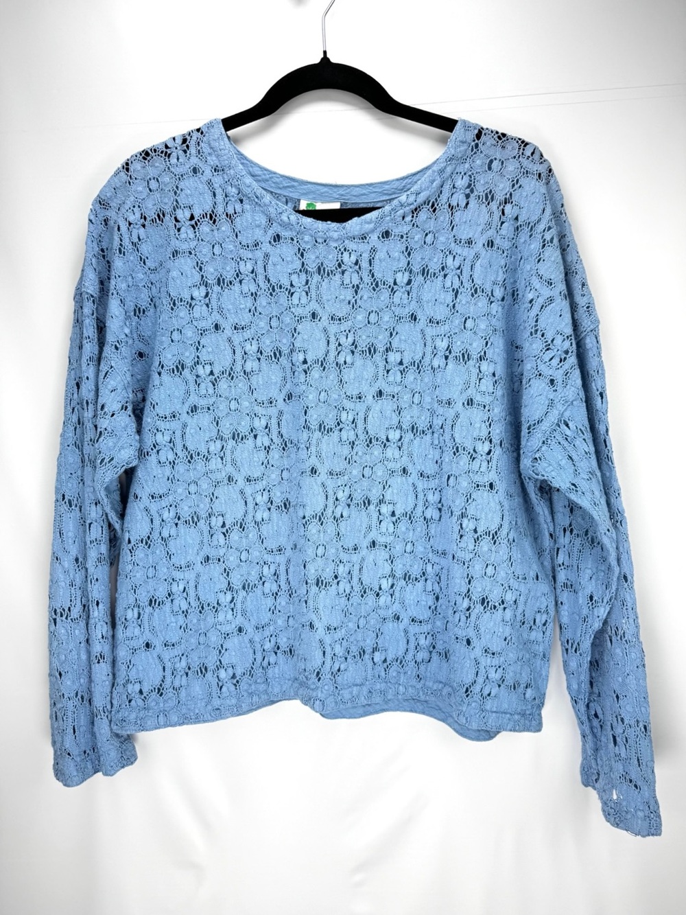 Light Blue Lace Knit Pullover Long Sleeve Top